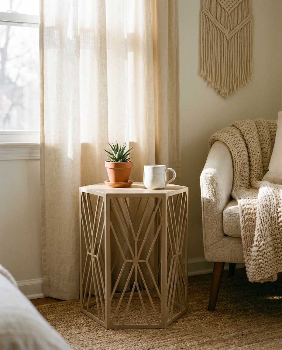 Bout de canapé ORIA dans une chambre boho avec plante et mug