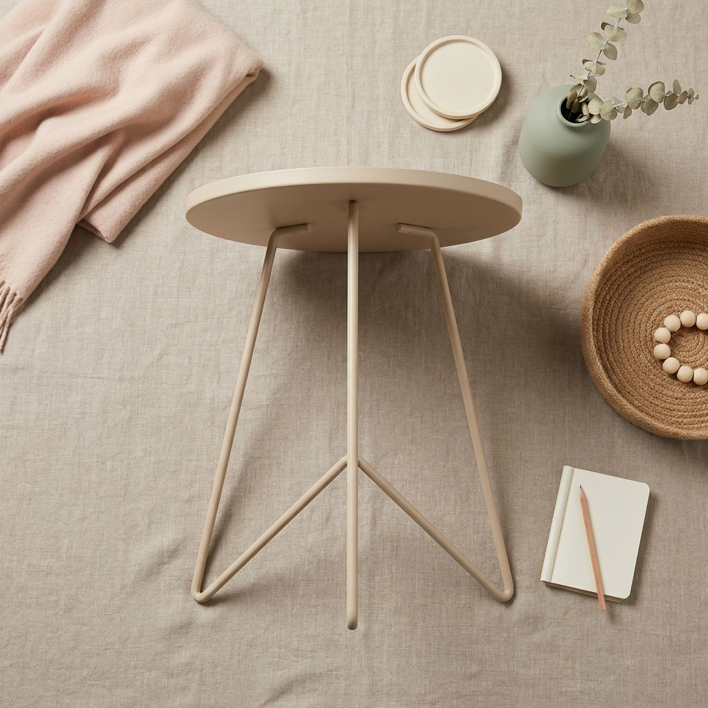 Vue de dessus du bout de canapé ORIA – flat lay style déco beige